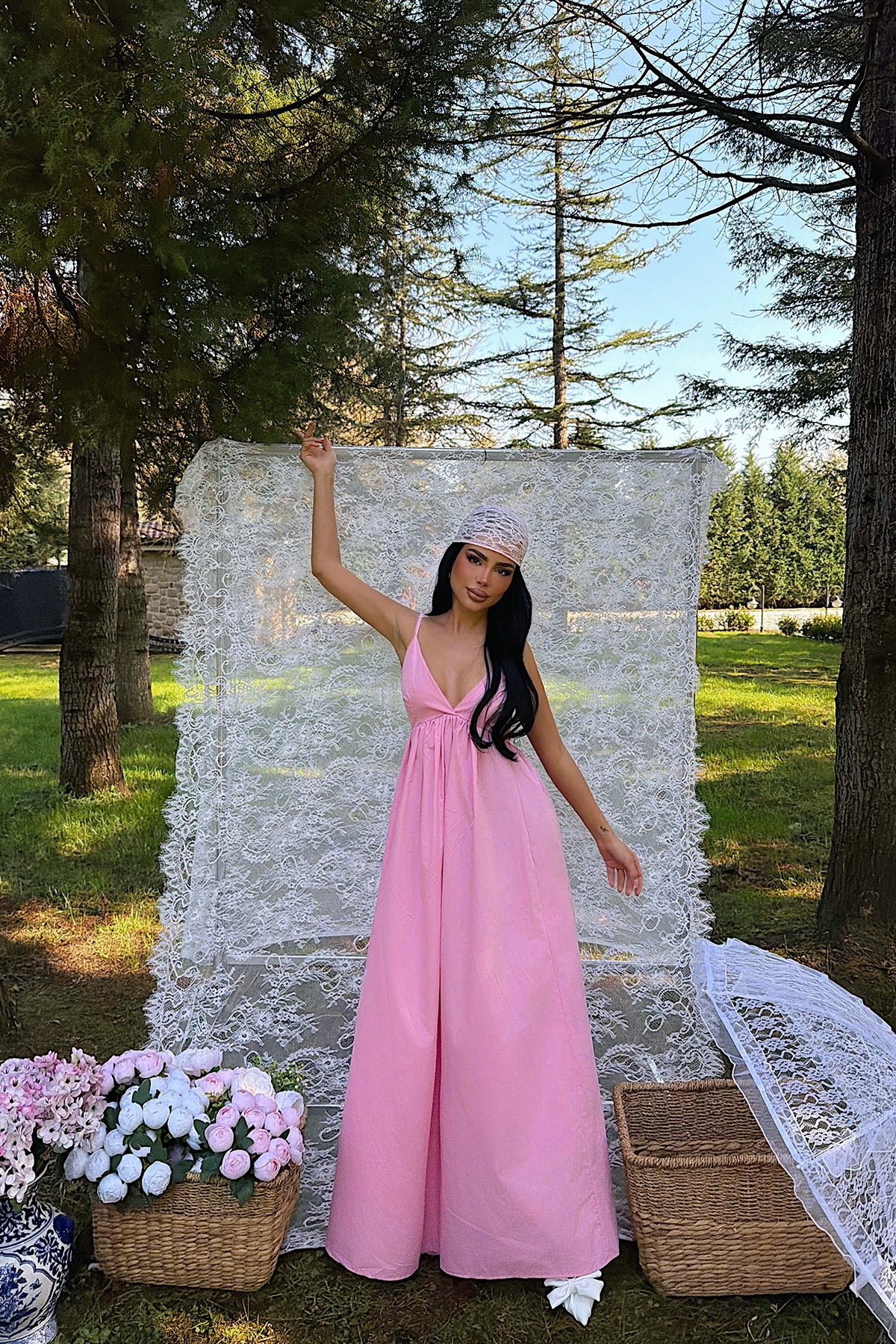 EYYO Stevie Pink V Neck Maxi Dress - Back