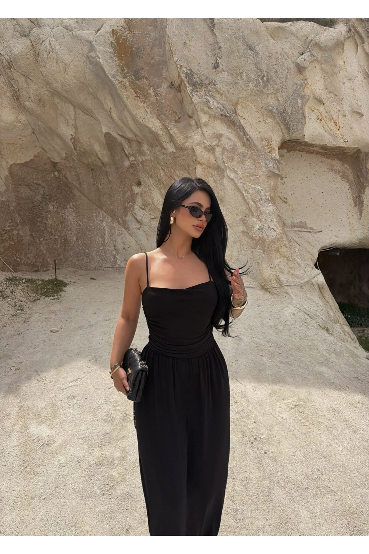 Black Luxe Draped Strap Jumpsuit