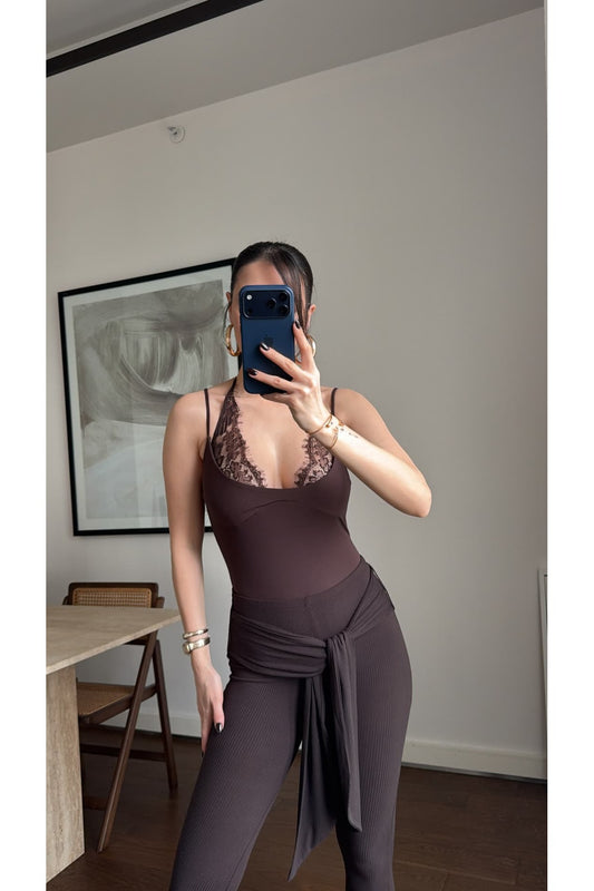 Lace Detail Bodysuit - Brown