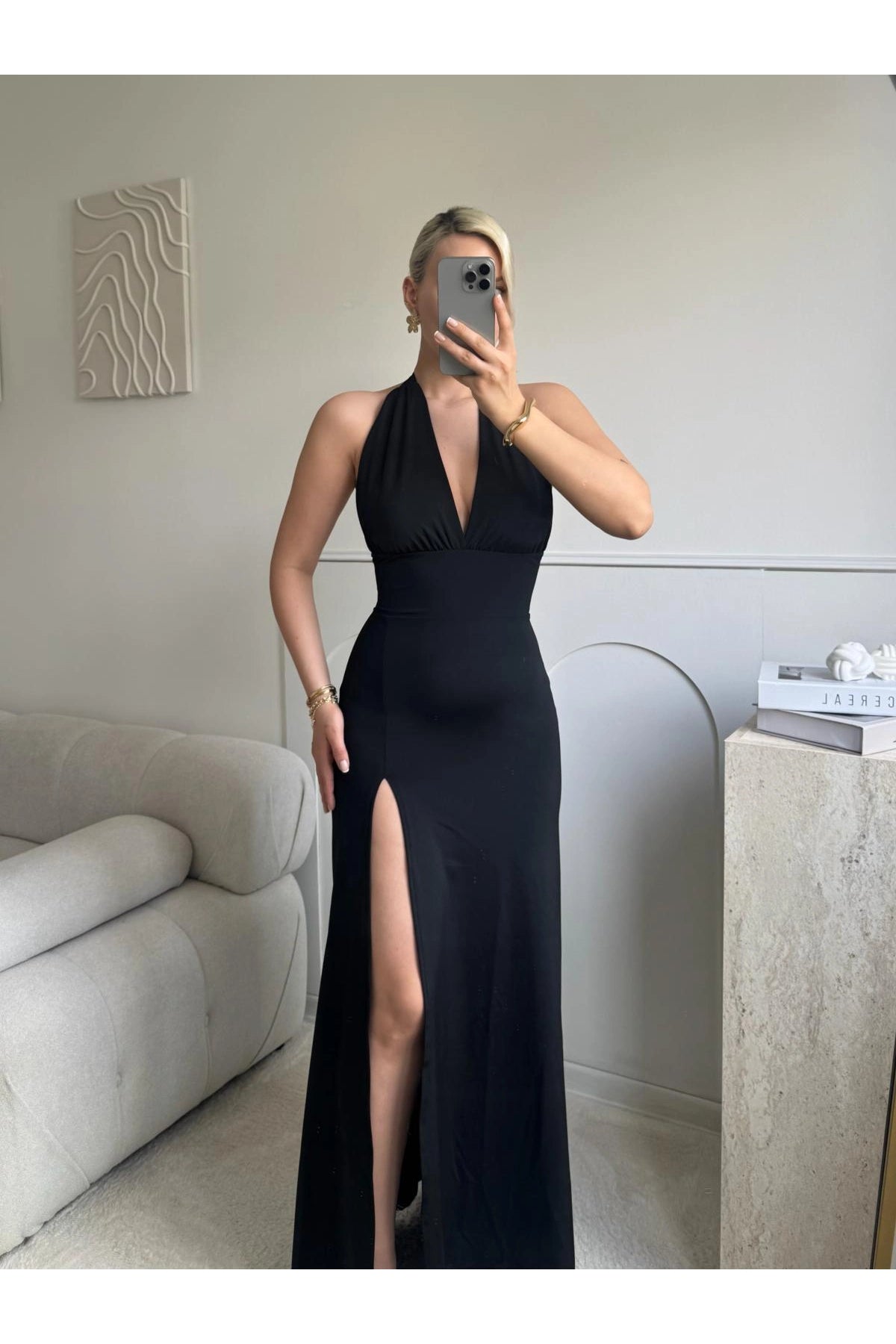 Halter Neck Back-Tie Slit Maxi Dress - Black