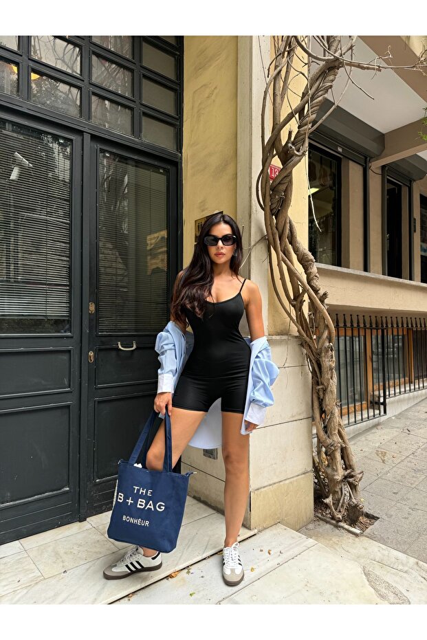 Women's Black Strappy Shorts Jumpsuit - View 4