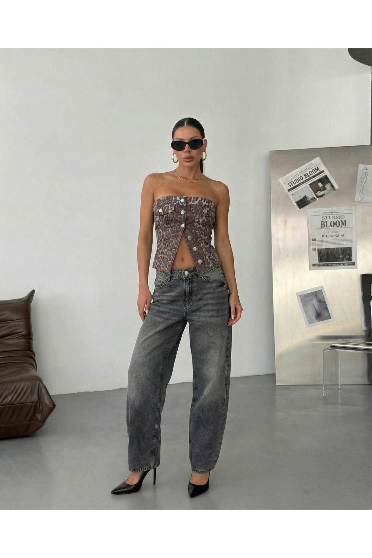 100% Cotton Denim Strapless Button-Front Crop Top