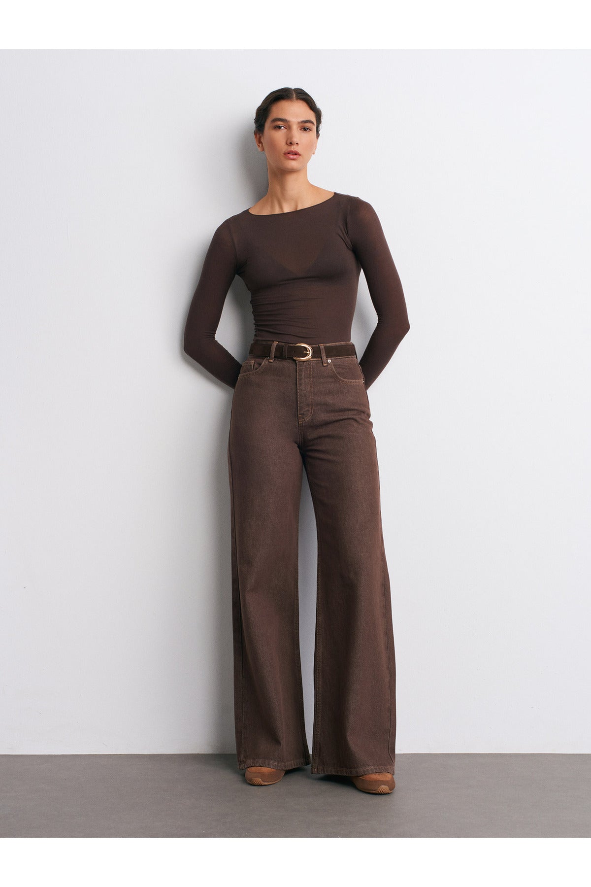 Boat Neck Cashmere-Blend Modal Blouse - Brown