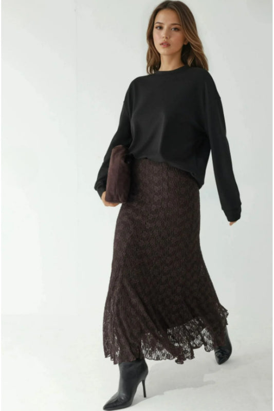 High Waist Lace Long Skirt - Brown
