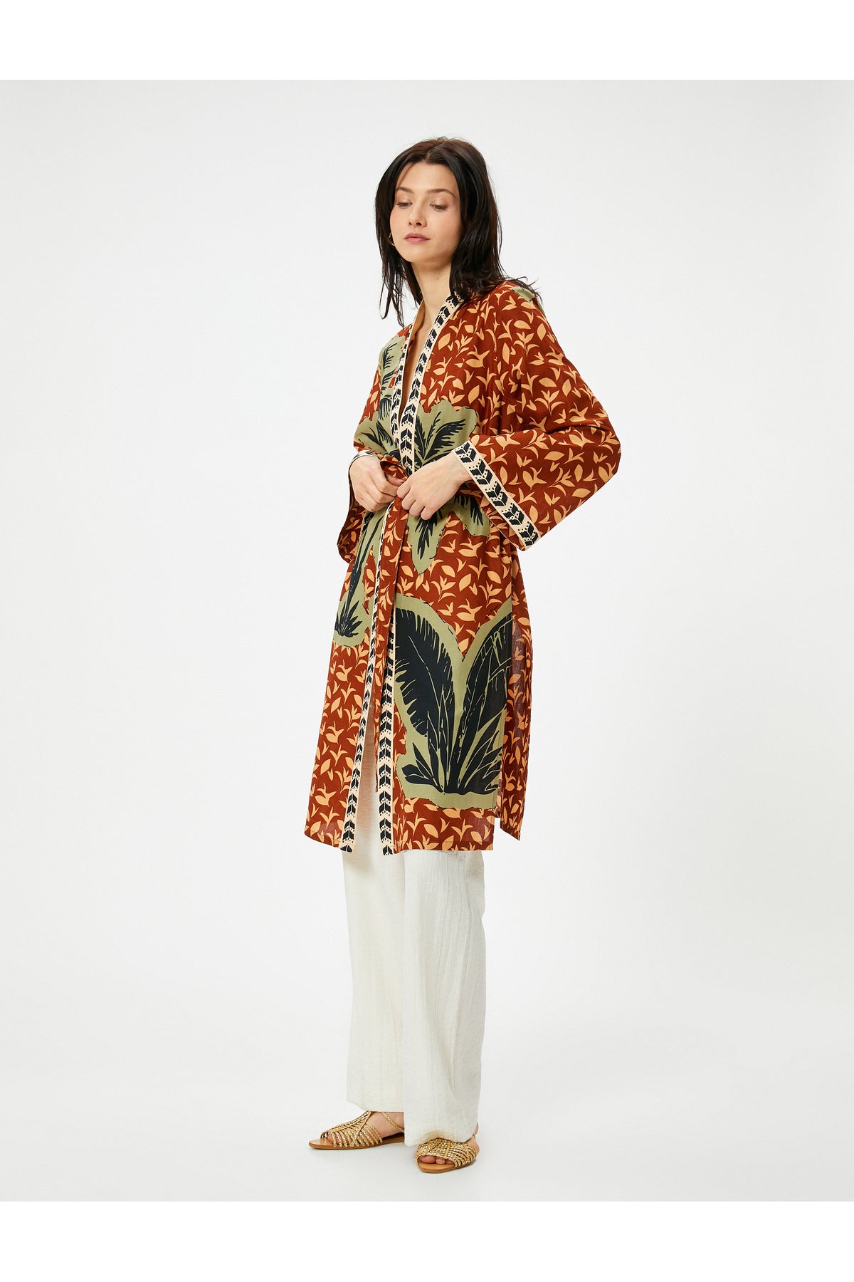 Koton Uzun Kimono Beli Kuşaklı Desenli