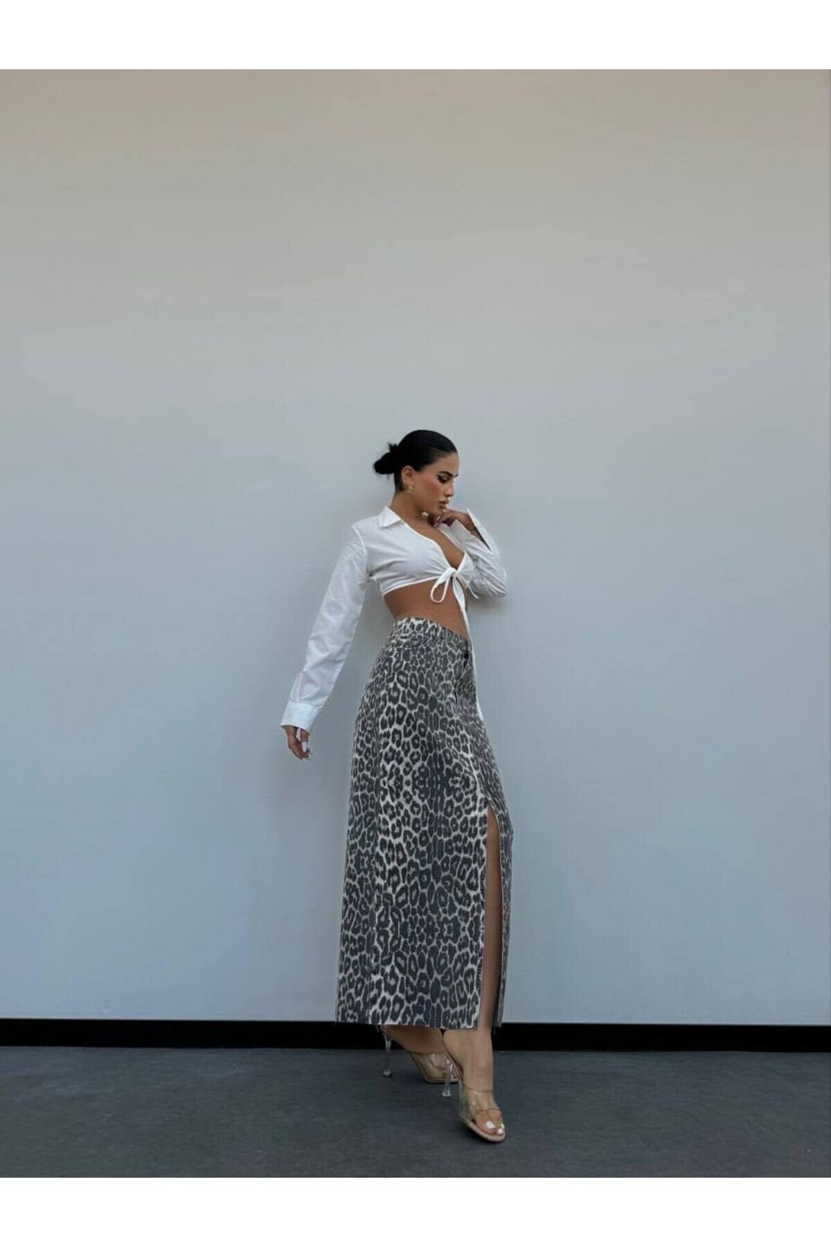 Leopard Print Long Denim Skirt - High Waist 100% Cotton