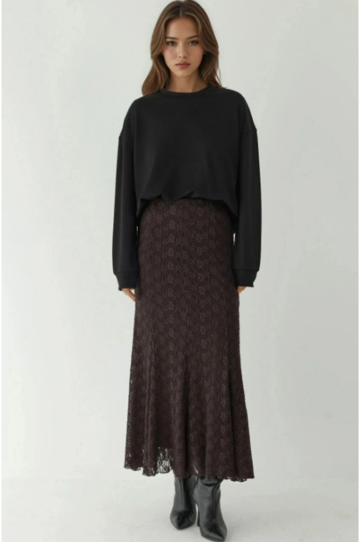 High Waist Lace Long Skirt - Brown