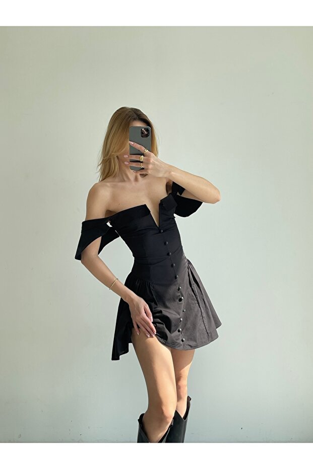 Back-Tie Poplin Mini Women's Dress - Black - Detail view