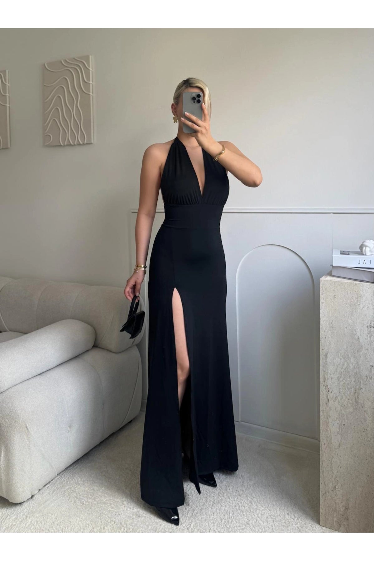Halter Neck Back-Tie Slit Maxi Dress - Black