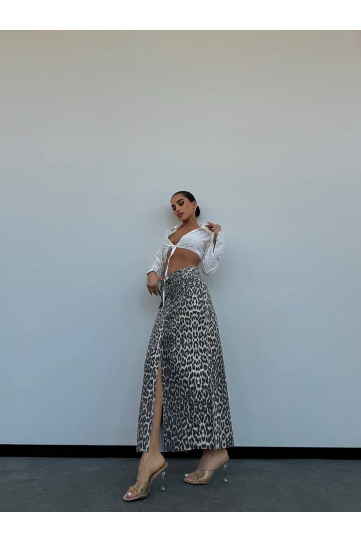 Leopard Print Long Denim Skirt - High Waist 100% Cotton