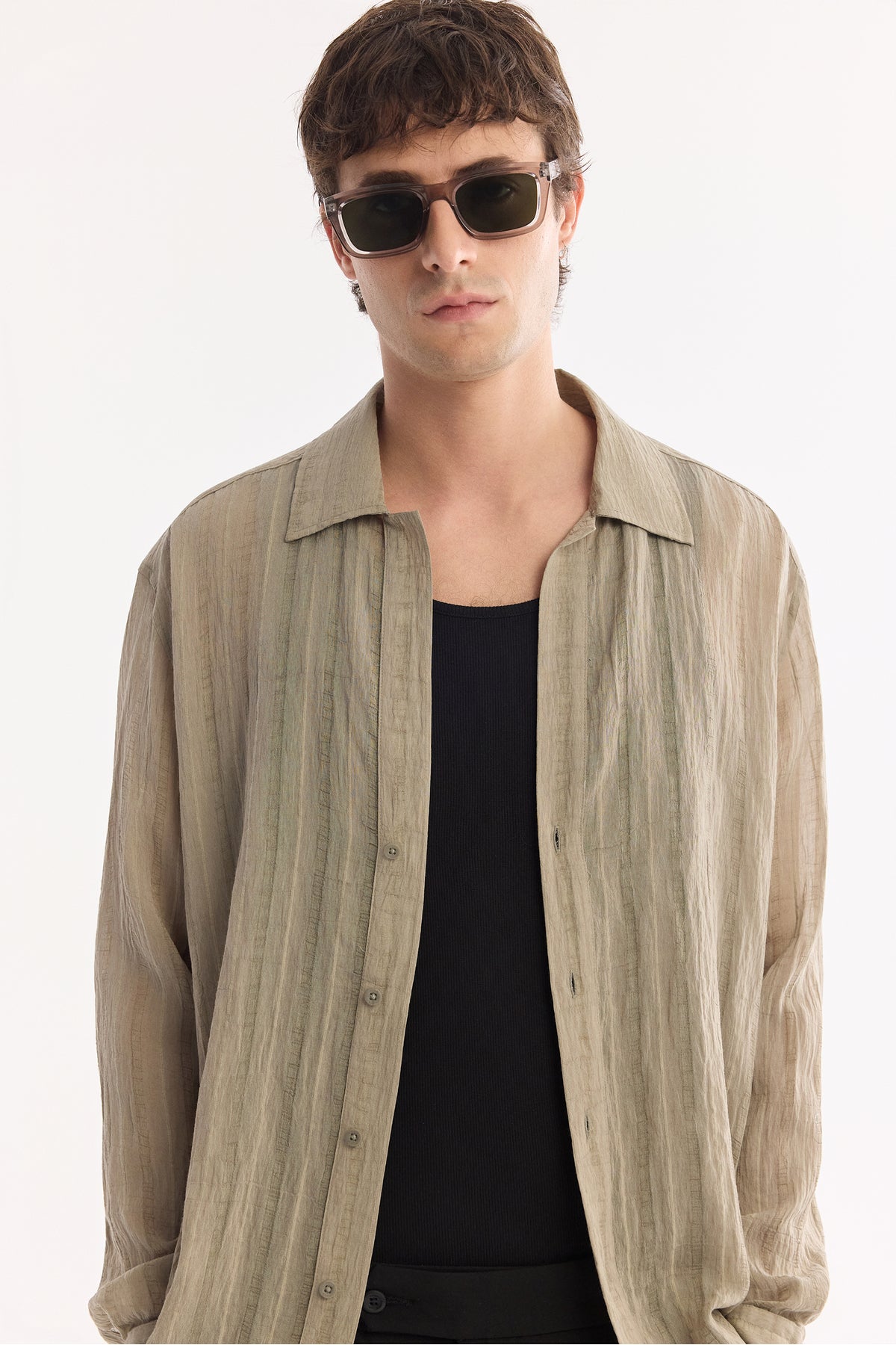 AVVA Men's Light Khaki Wide Collar Shirt - Side