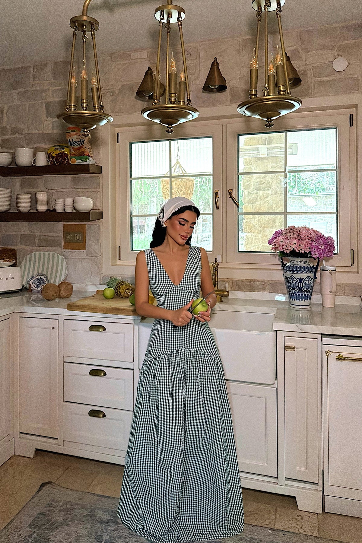 EYYO Plaid V-Neck Sleeveless Long Dress Green - Side
