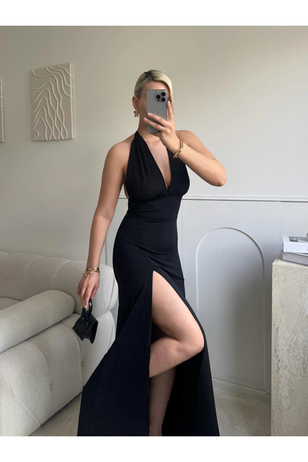 Halter Neck Back-Tie Slit Maxi Dress - Black