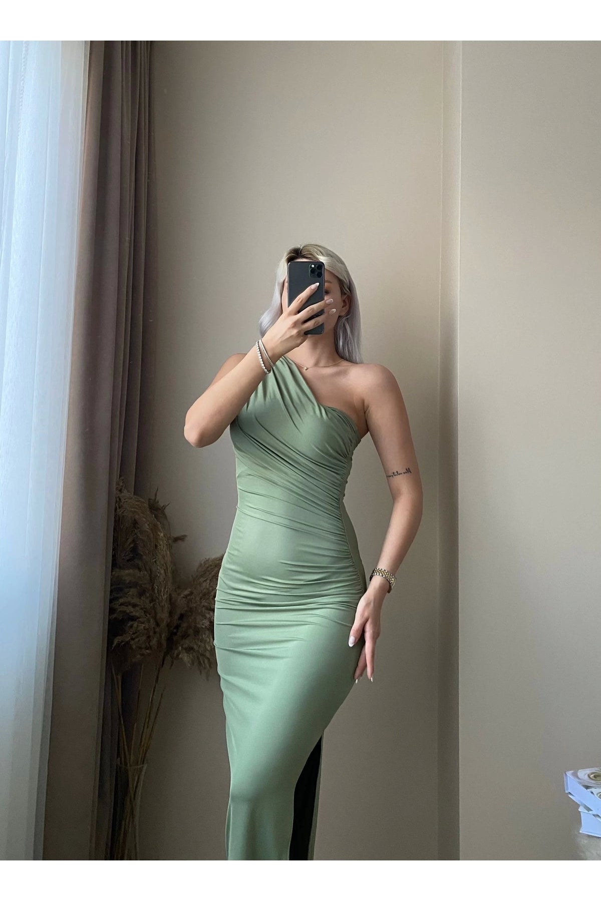 Shoulder Detail Draped Dress - Green