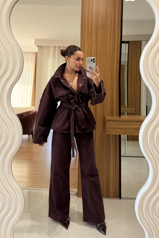 GIZEM ECEMIS Callow Burgundy Belted Denim Set