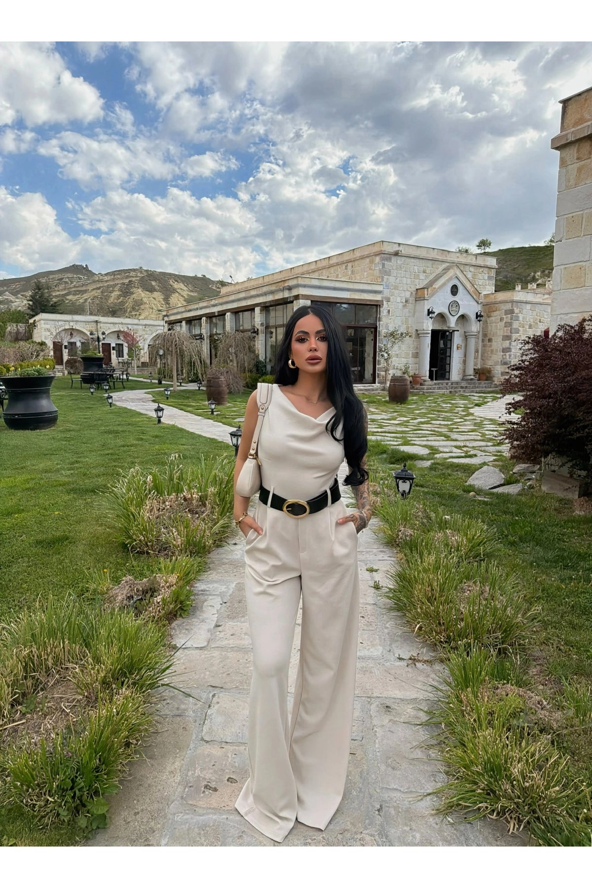 Beige Boat Neck Belted Jumpsuit