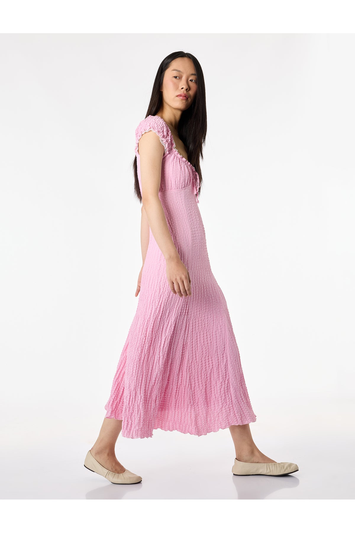 Koton Sleeveless Tie-Up U-Neck Crinkle Lace Maxi Dress Pink