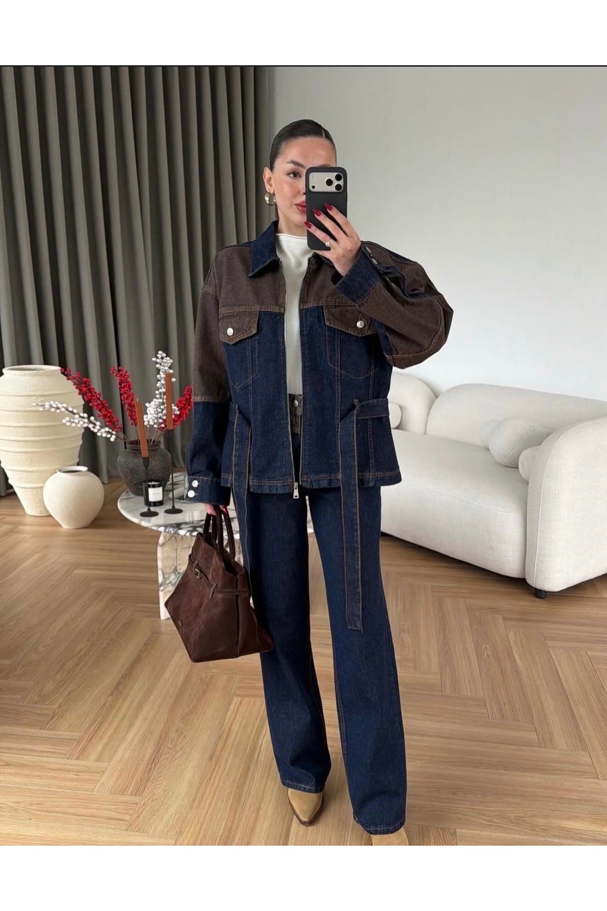 EKIM STORE Contrast Tie-Front Zip-Up Denim Jacket & Pants Set