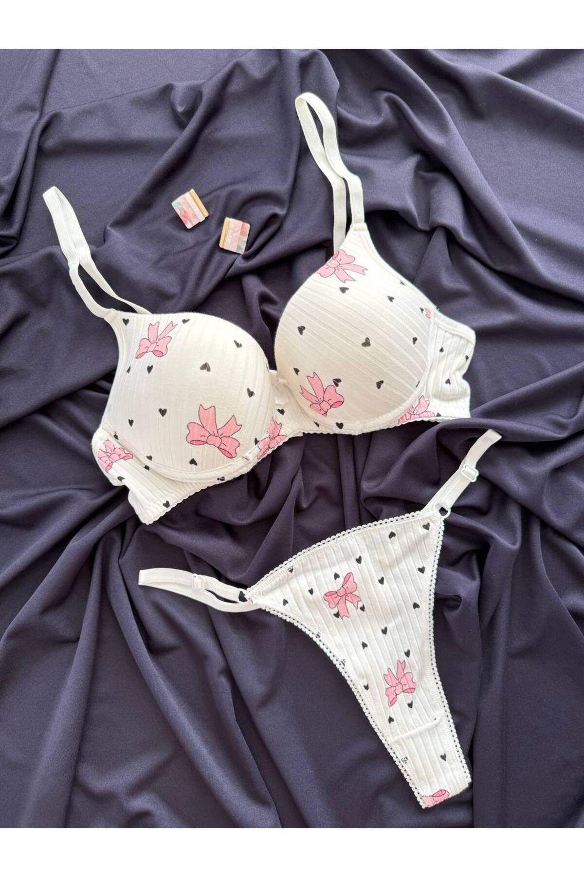 İNKO ribbon bow bra thong set white back