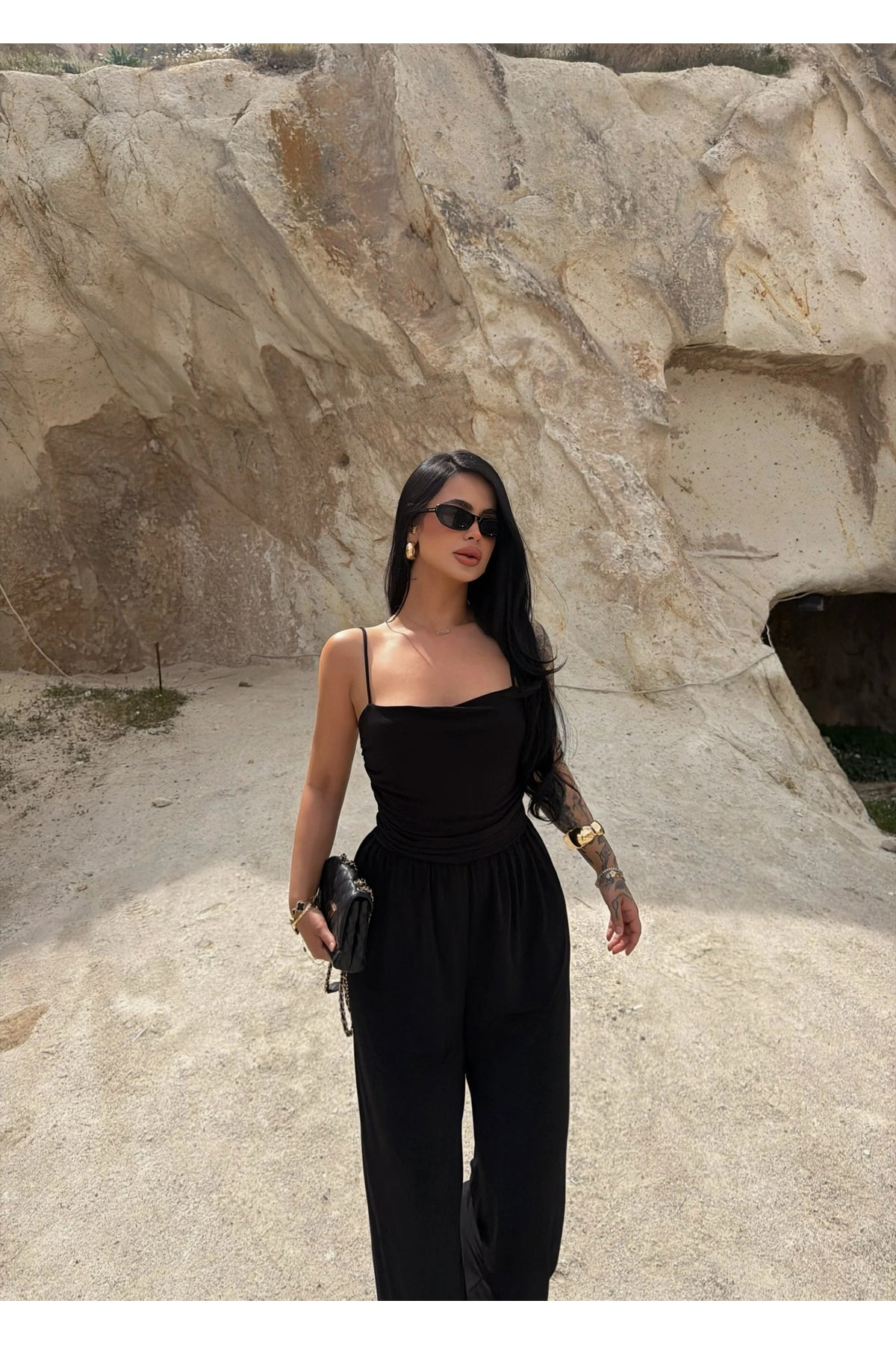 Black Luxe Draped Strap Jumpsuit