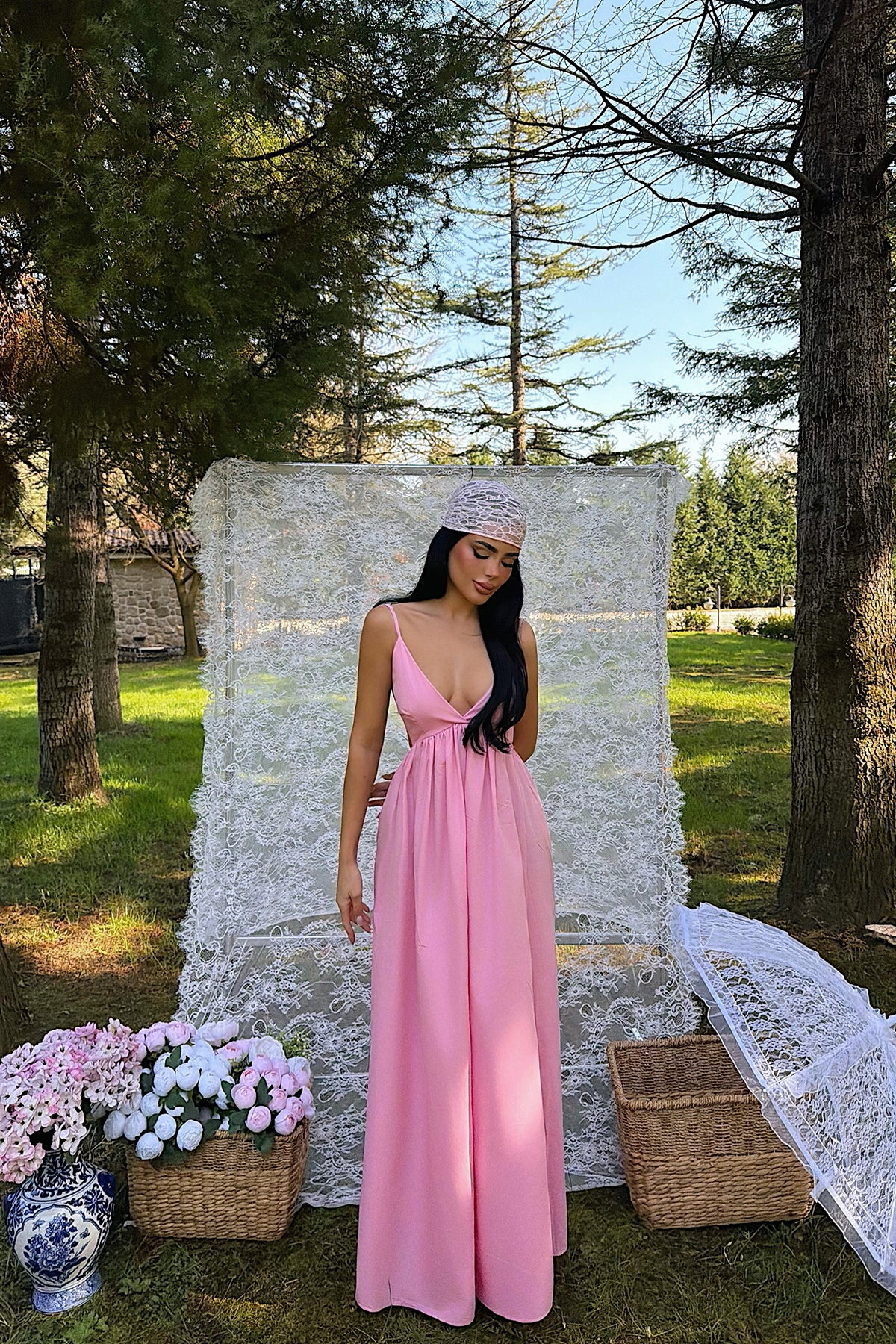 EYYO Stevie Pink V Neck Maxi Dress - Side