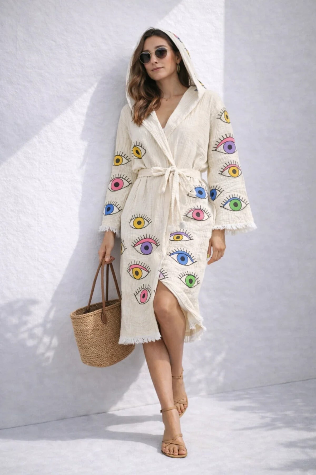 Caspara Muslin Cotton Beach Bornoz Kimono – Rainbow Eye Print