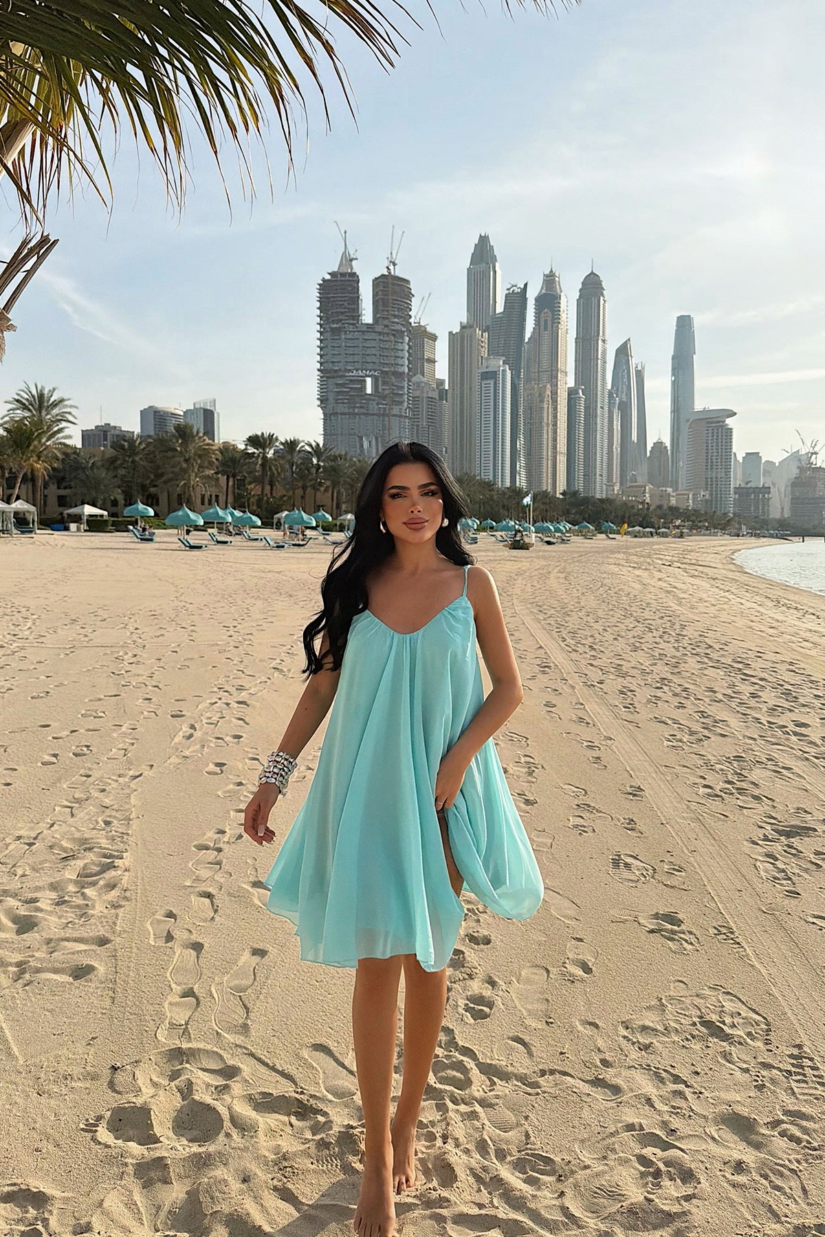 EYYO Isobel Turquoise Strappy Tulle Midi Dress - Back