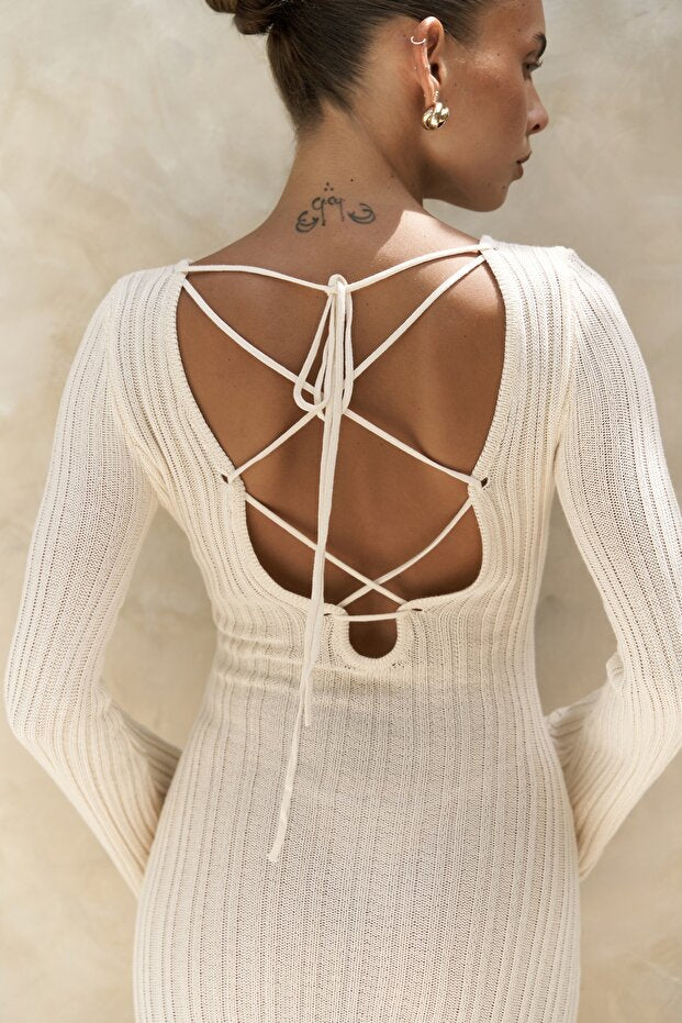 BOHEMAI Matias Backless Ecru Knitwear Long Dress - 6