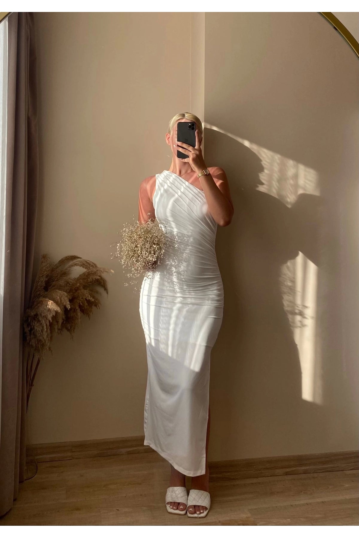Shoulder Detail Draped Dress - White