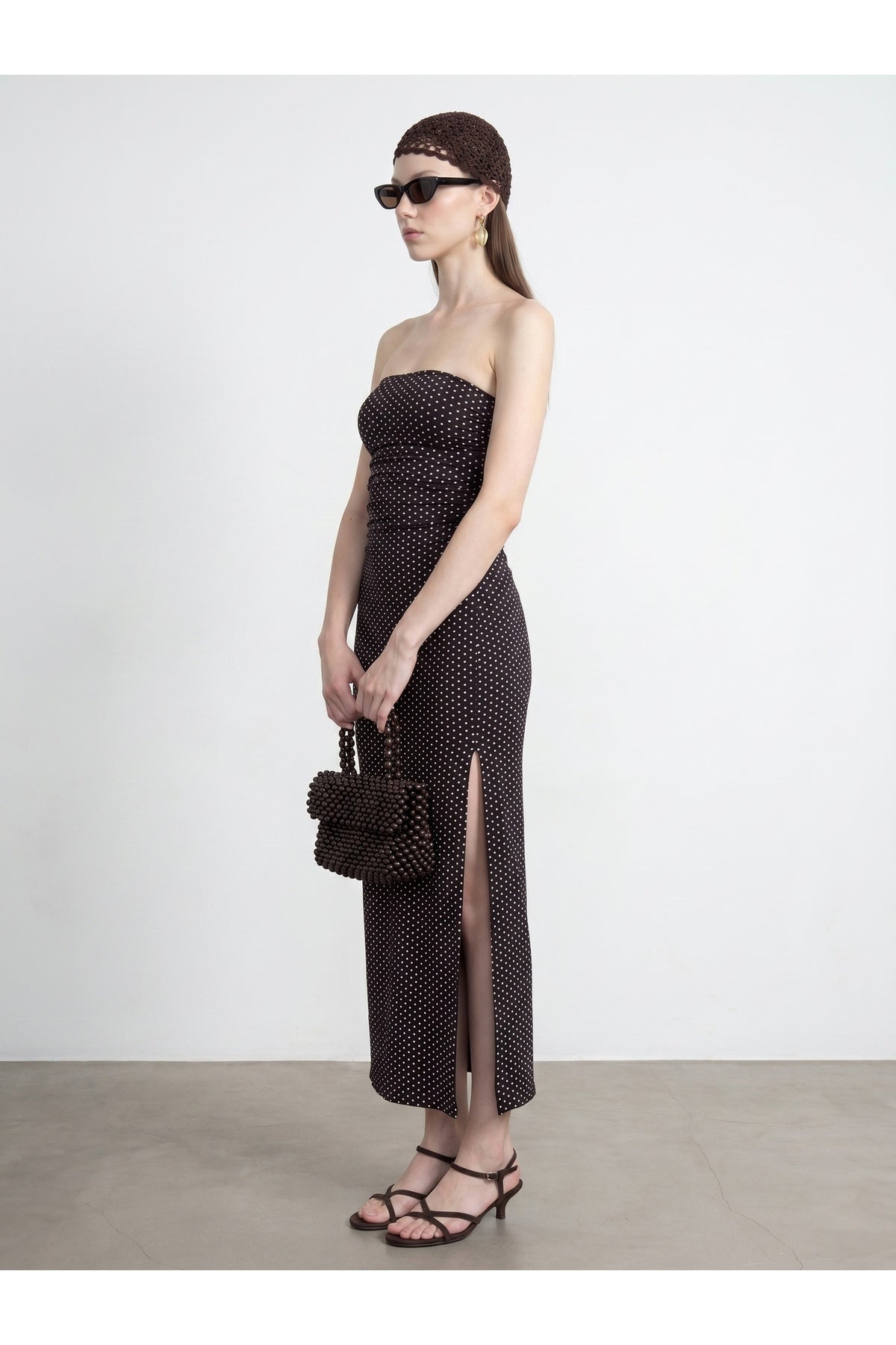 Lyocell-Blend Strapless Polka Dot Slit Midi Dress - Dark Brown