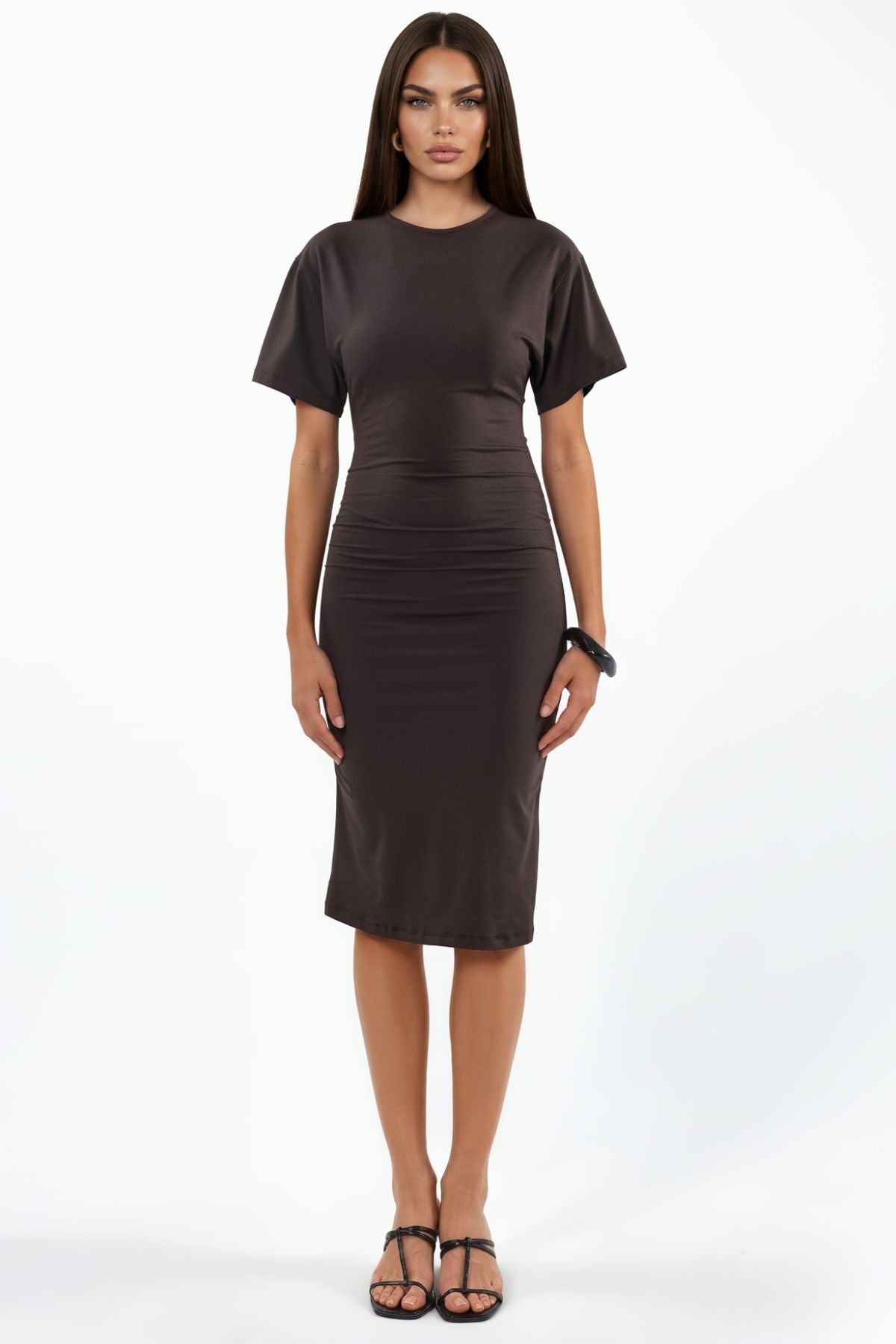 Hiccup Busem Drape-Detail High-Neck Mini T-Shirt Dress – Brown
