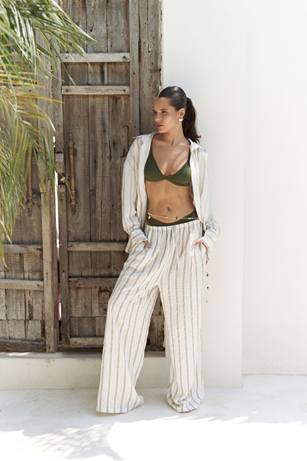 BOHEMAI Priskiana Lace-Up Khaki Pants Shirt Set - 2
