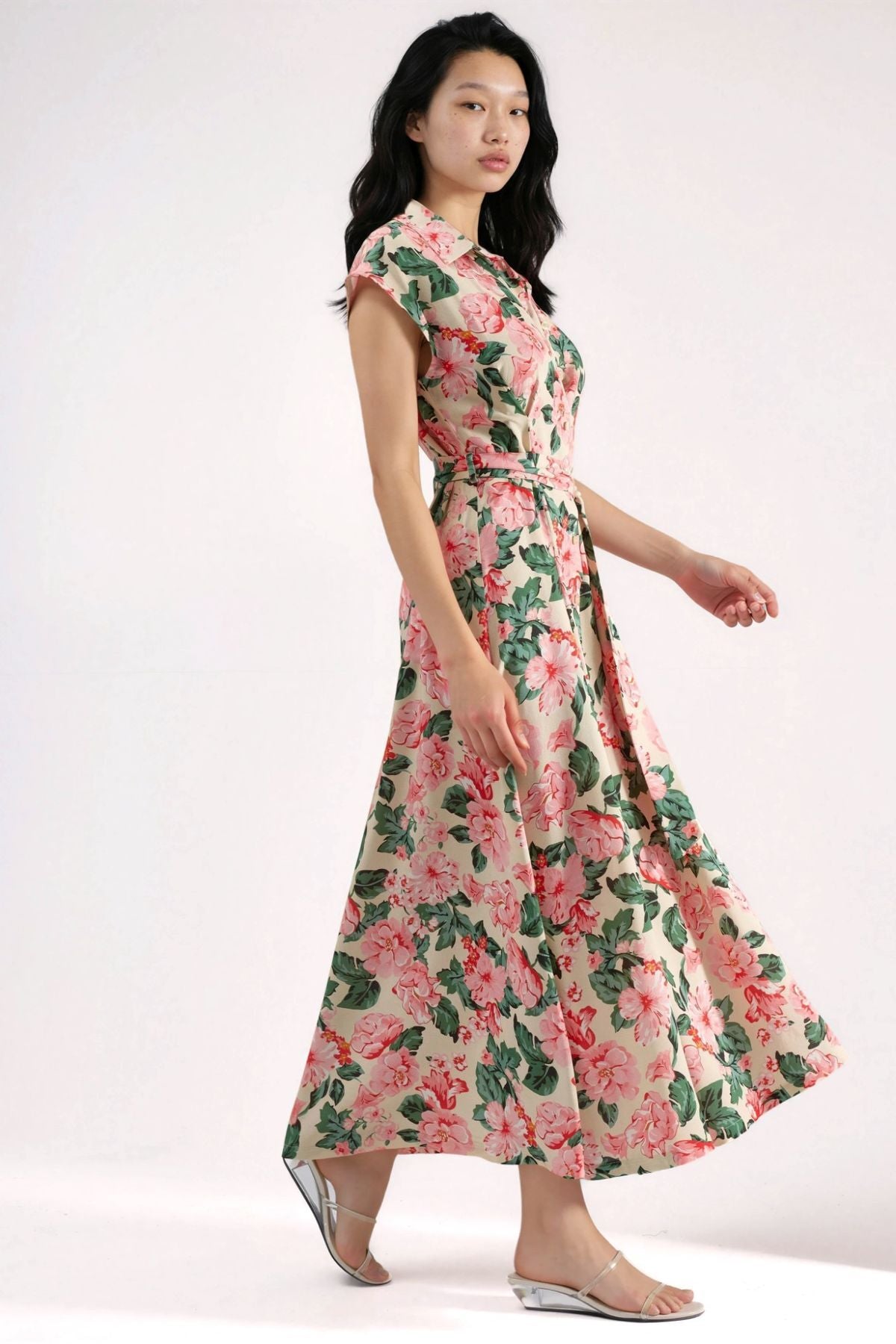 Hiccup Patterned Button-Up Belted Midi Shirt Dress – Pink
