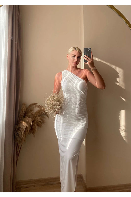 Shoulder Detail Draped Dress - White