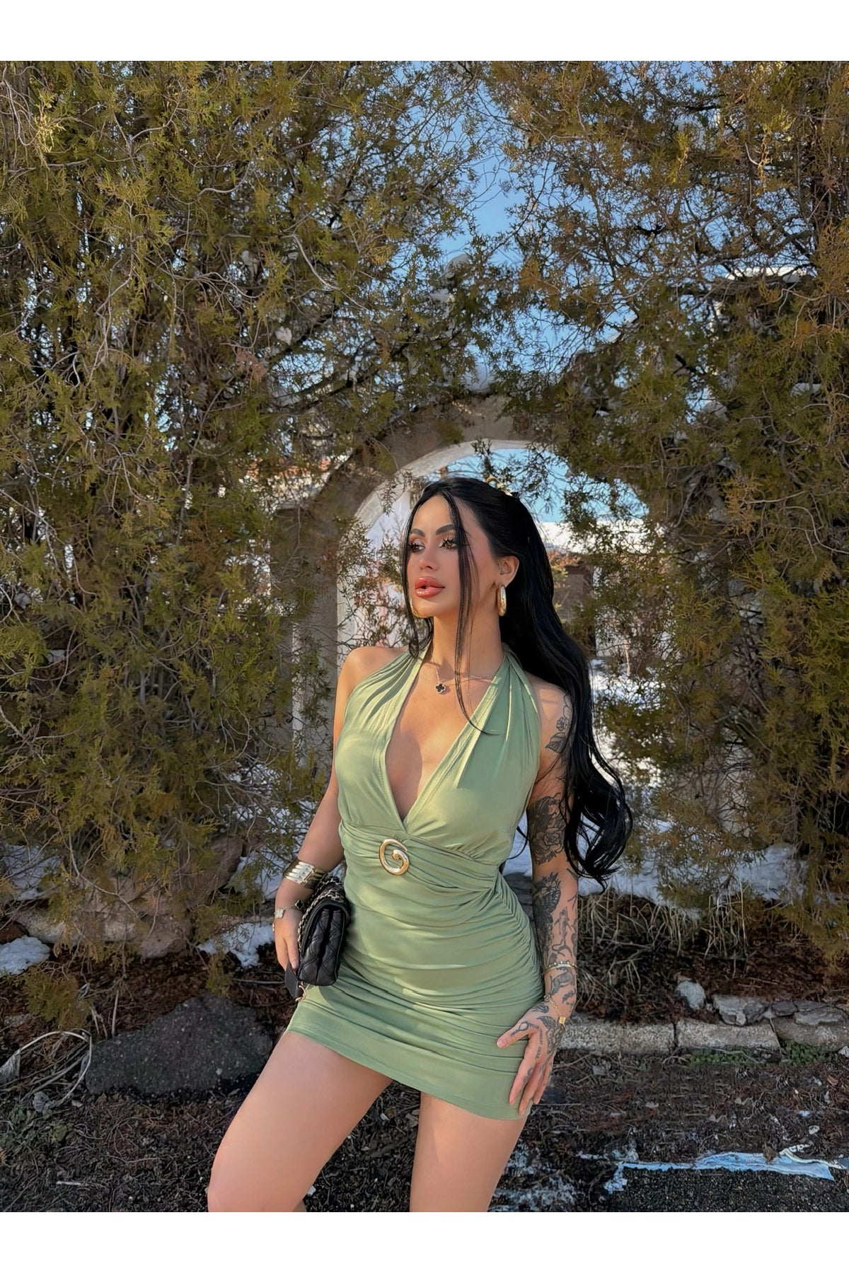Green Halter Buckle Mini Dress