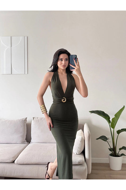 Neck Tie Buckle Long Dress - Khaki