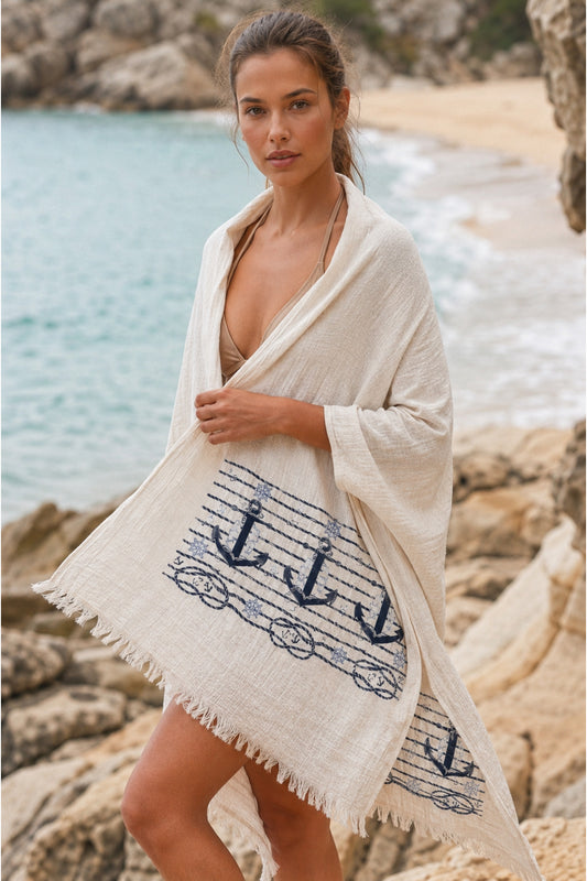 Vita 3-Layer Organic Muslin Peshtemal Beach Towel – Anchor Print