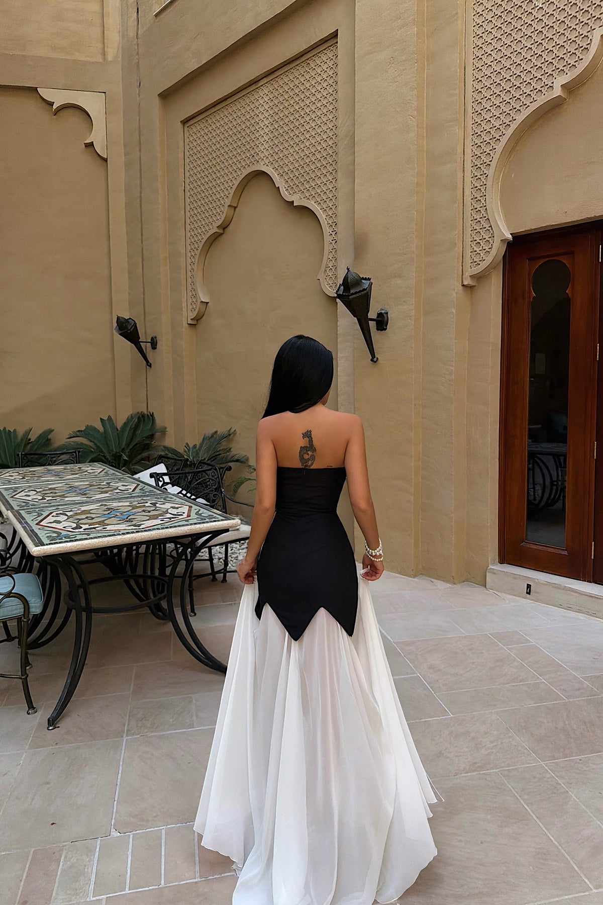 "Outta" Strapless Pearl Detail Long Evening Dress - Black