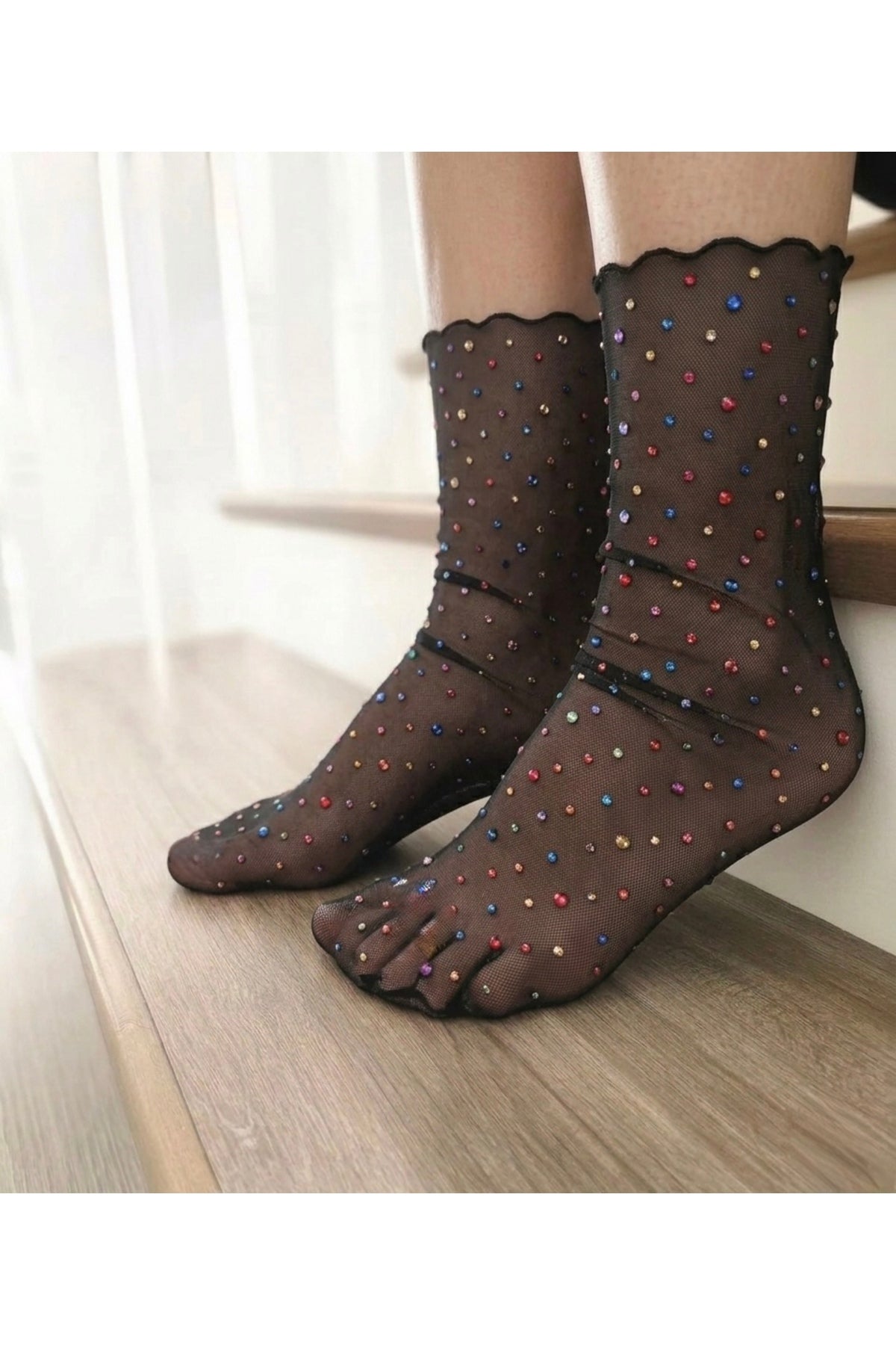 Colorful Sequin Black Tulle Knee-High Socks