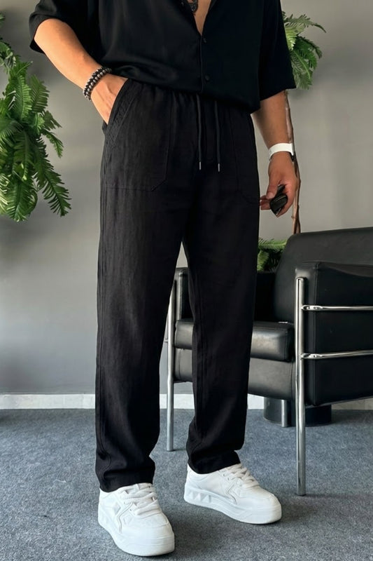 Combine Michail Men's Casual Wide Linen Pants - Black