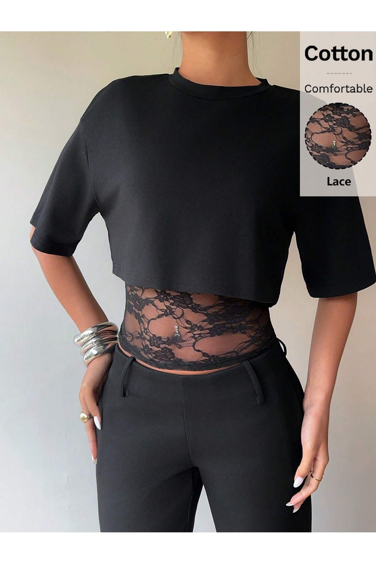 Lace Detail Round Neck Crop T-Shirt - Black
