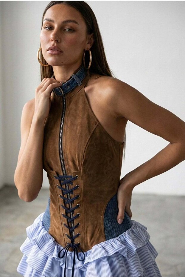 Women's Suede Detailed Design Dress - Image 5