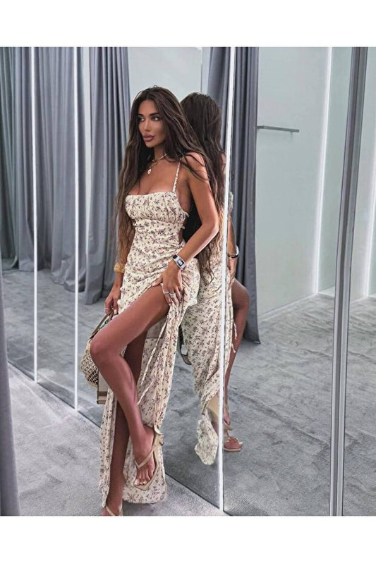 Women's Flower Patterned Backless Slit Dress - Image 1