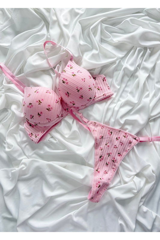 İNKO floral print pink bra and thong lingerie set