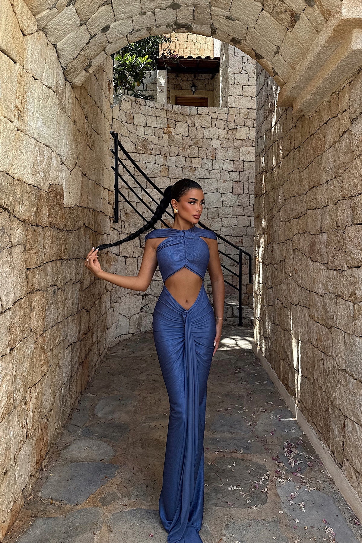 EYYO Orleans Indigo Draped Maxi Dress - Back View