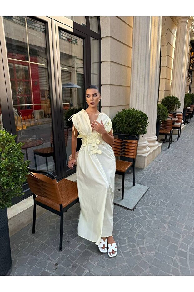 Women's Floral Accessory Gathered Detail Dress - Yellow - Back view