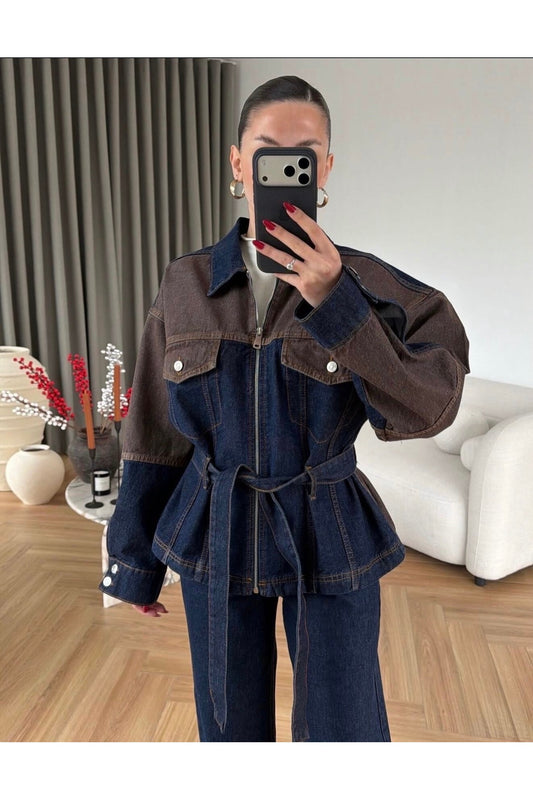 EKIM STORE Contrast Tie-Front Zip-Up Denim Jacket & Pants Set
