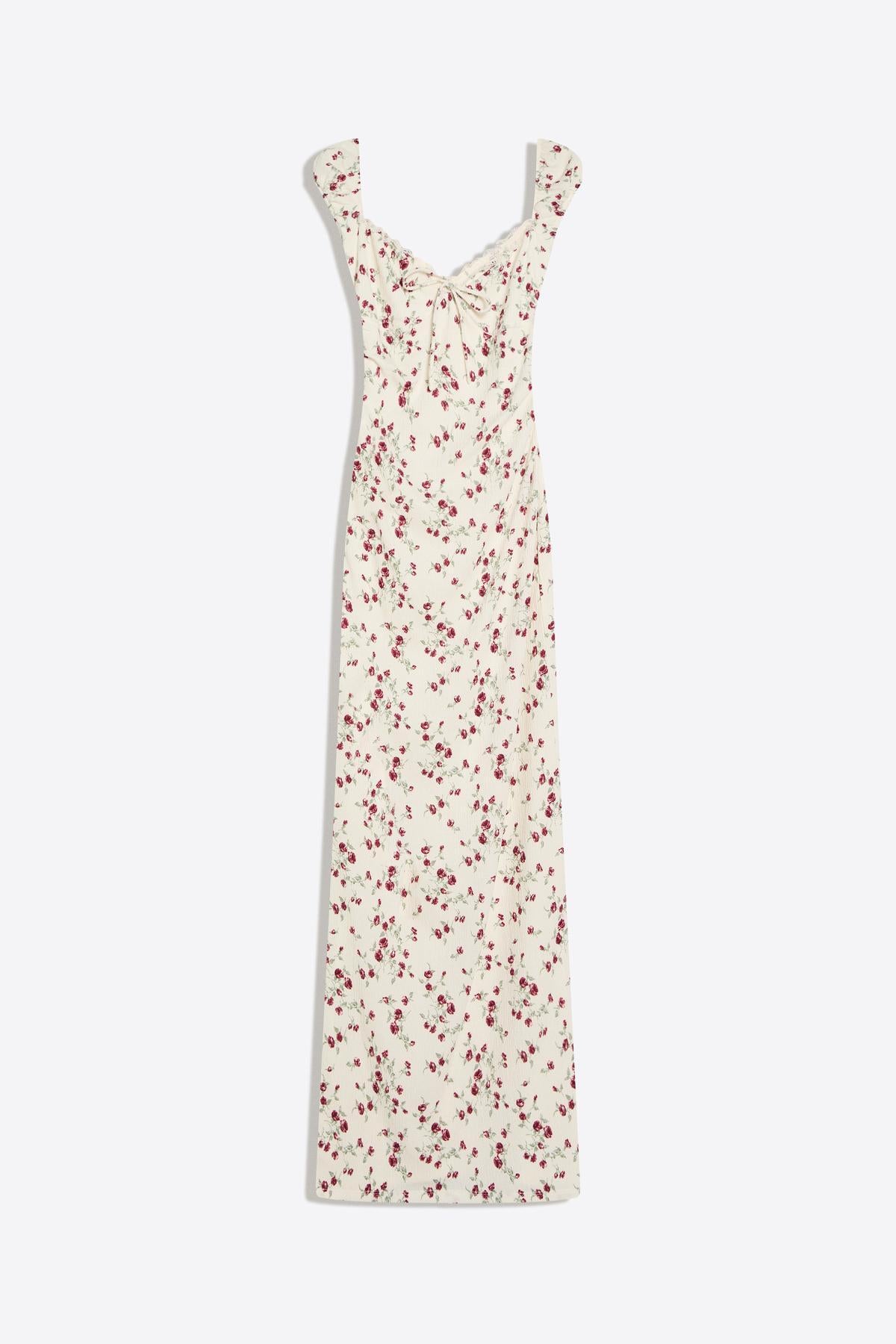 Bershka Lace Crinkle Midi Dress Cream