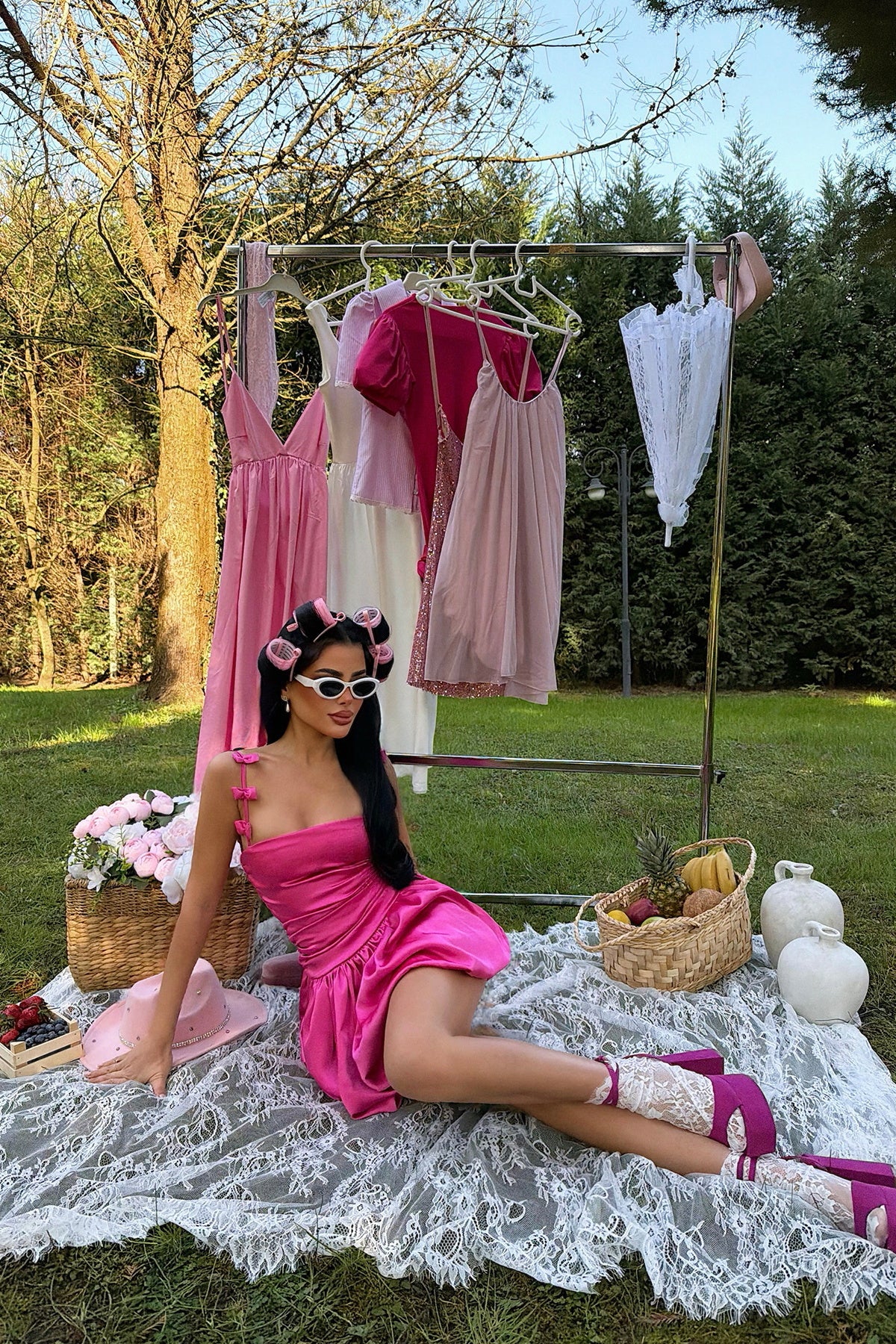 EYYO Cecilia Fuchsia Mini Balloon Dress - Side
