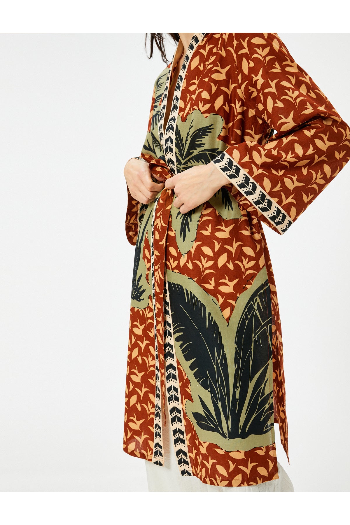 Koton Uzun Kimono Beli Kuşaklı Desenli